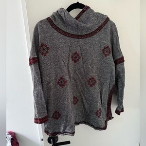 Vintage Lucky Lotus XL Grey Red Floral Mock Neck Knit Sweater Boho